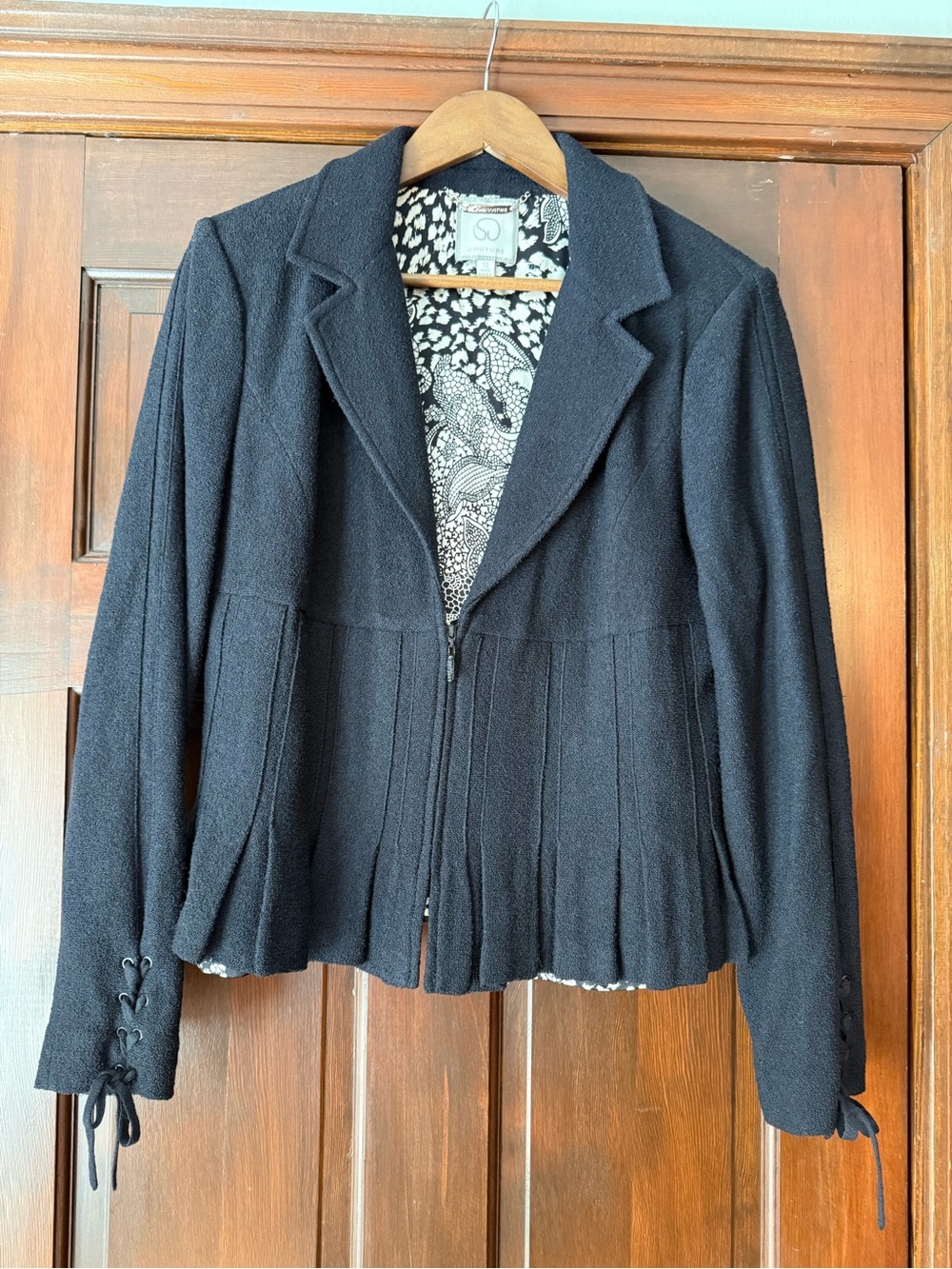 St. John Couture Black Pleated Zip-Front Blazer with Lace-Up Cuffs